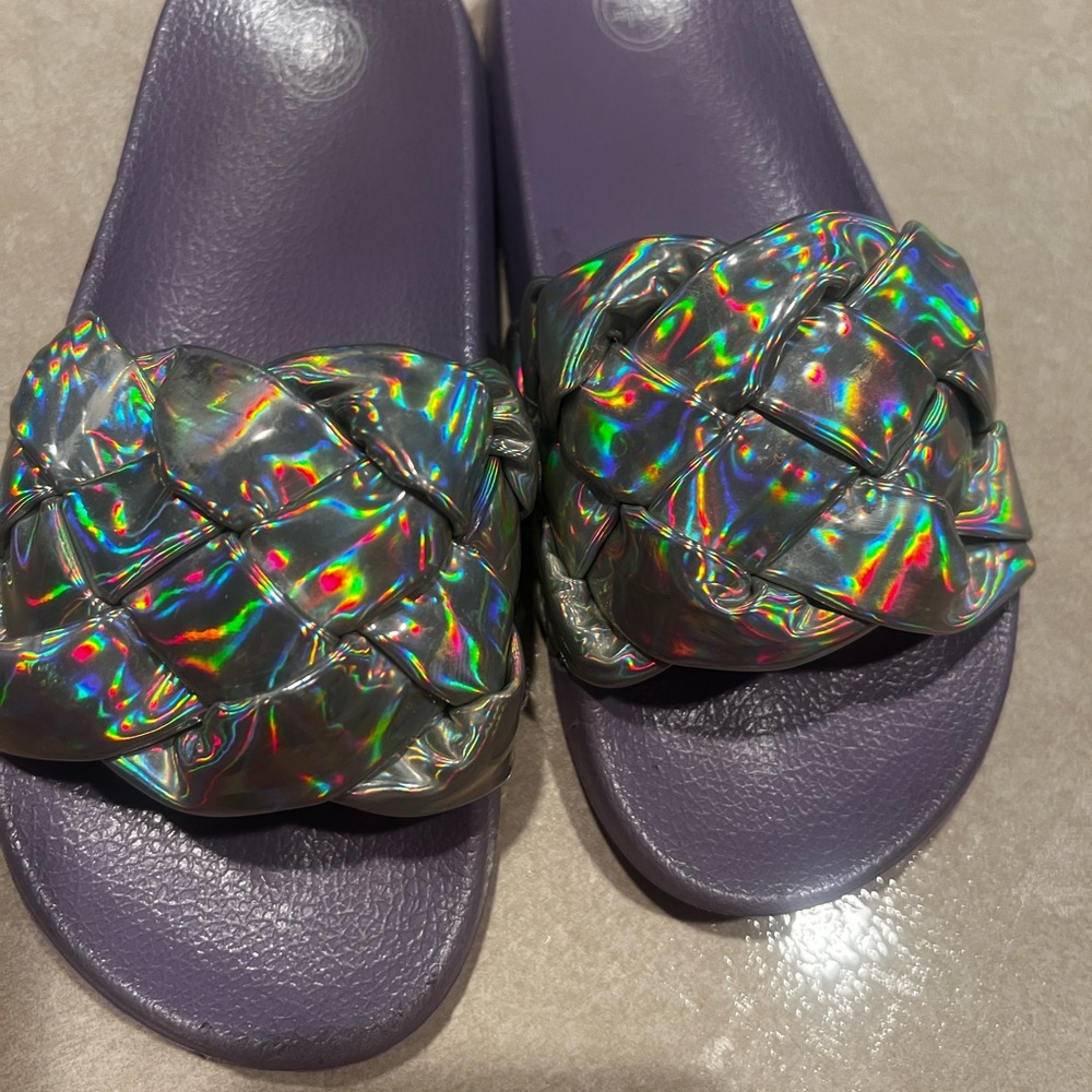 Kids' Purple Slide Sandals with Iridescent Braided Strap